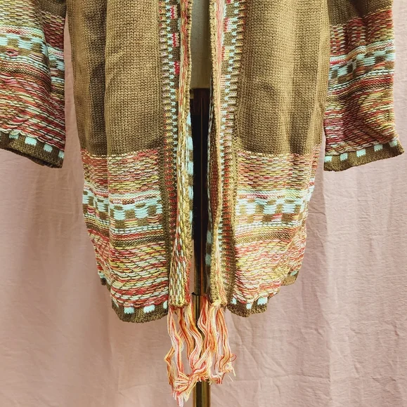 SHEIN LUNE Checkered & Geo Pattern Drop Shoulder Fringe Trim Duster Cardigan-(S) - Picture 8 of 10